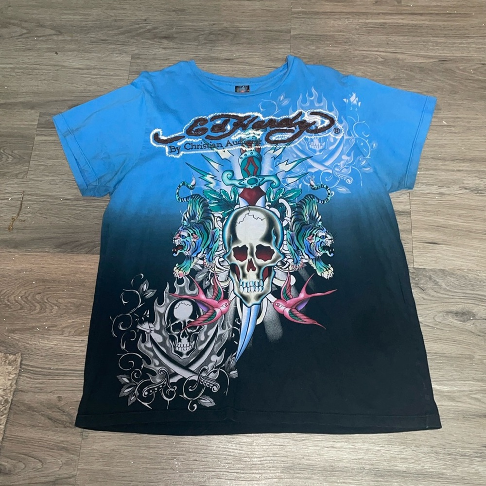 VINTAGE Ed Hardy by Christian Audigier Blue Short Sleeve Tshirt XL EUC